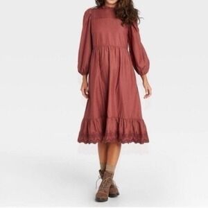 Cottage Core Midi Dot Embroidered Ruffle Dress Burgundy LS Tiered M Prairie